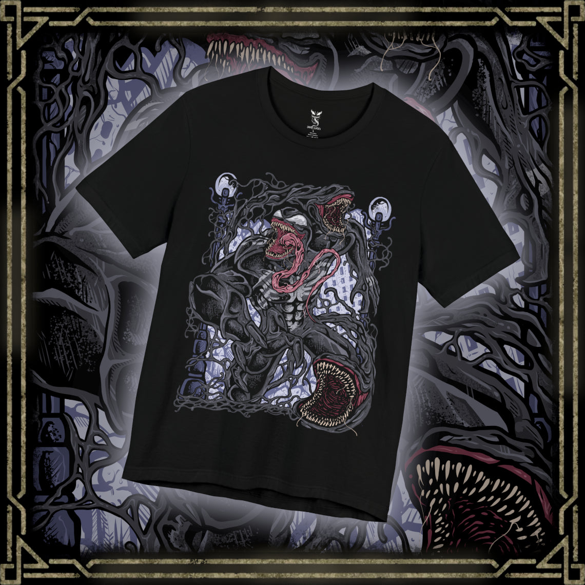 Thumbnail of a T-Shirt design of Venom from Marvel, towering in darkness as the black symbiote stretches across his massive muscular body. Sharp teeth glisten beneath glowing eyes while his long tongue curls outward, dripping saliva onto cracked pavement below. The design captures Venom’s monstrous power, predatory nature, and the terrifying fusion between alien symbiote and human host.