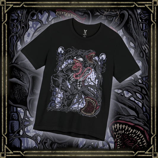 Thumbnail of a T-Shirt design of Venom from Marvel, towering in darkness as the black symbiote stretches across his massive muscular body. Sharp teeth glisten beneath glowing eyes while his long tongue curls outward, dripping saliva onto cracked pavement below. The design captures Venom’s monstrous power, predatory nature, and the terrifying fusion between alien symbiote and human host.