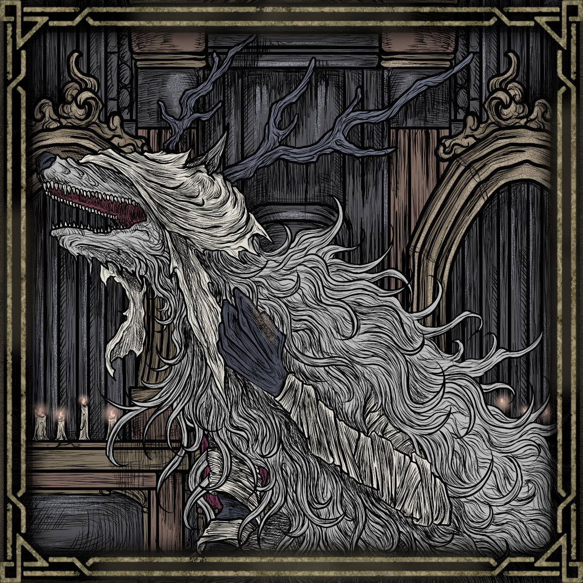 Concept Art of Vicar Amelia Grim. In Bloodborne, Vicar Amelia’s beastly form guards the Grand Cathedral, her monstrous transformation a result of the Healing Church’s reliance on blood ministration. Once a devoted cleric, her desperate faith led her to ruin. Even as a beast, she clutches the locket of Laurence, whispering prayers no god will answer.