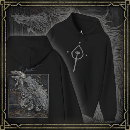 Thumbnail of a Hooded Sweatshirt showcasing Vicar Amelia, one of Bloodborne’s most haunting bosses, whose beastly form reveals the dark price of faith. Towering, clawed, and veiled in fur, she lets out anguished howls in the Grand Cathedral. This artwork highlights her massive scale and eerie blend of sanctity and monstrosity—a terrifying emblem of the Healing Church’s cursed ambitions.