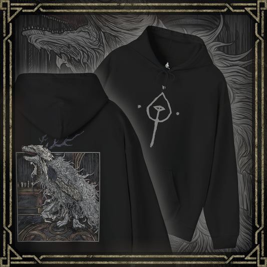 Thumbnail of a Hooded Sweatshirt showcasing Vicar Amelia, one of Bloodborne’s most haunting bosses, whose beastly form reveals the dark price of faith. Towering, clawed, and veiled in fur, she lets out anguished howls in the Grand Cathedral. This artwork highlights her massive scale and eerie blend of sanctity and monstrosity—a terrifying emblem of the Healing Church’s cursed ambitions.
