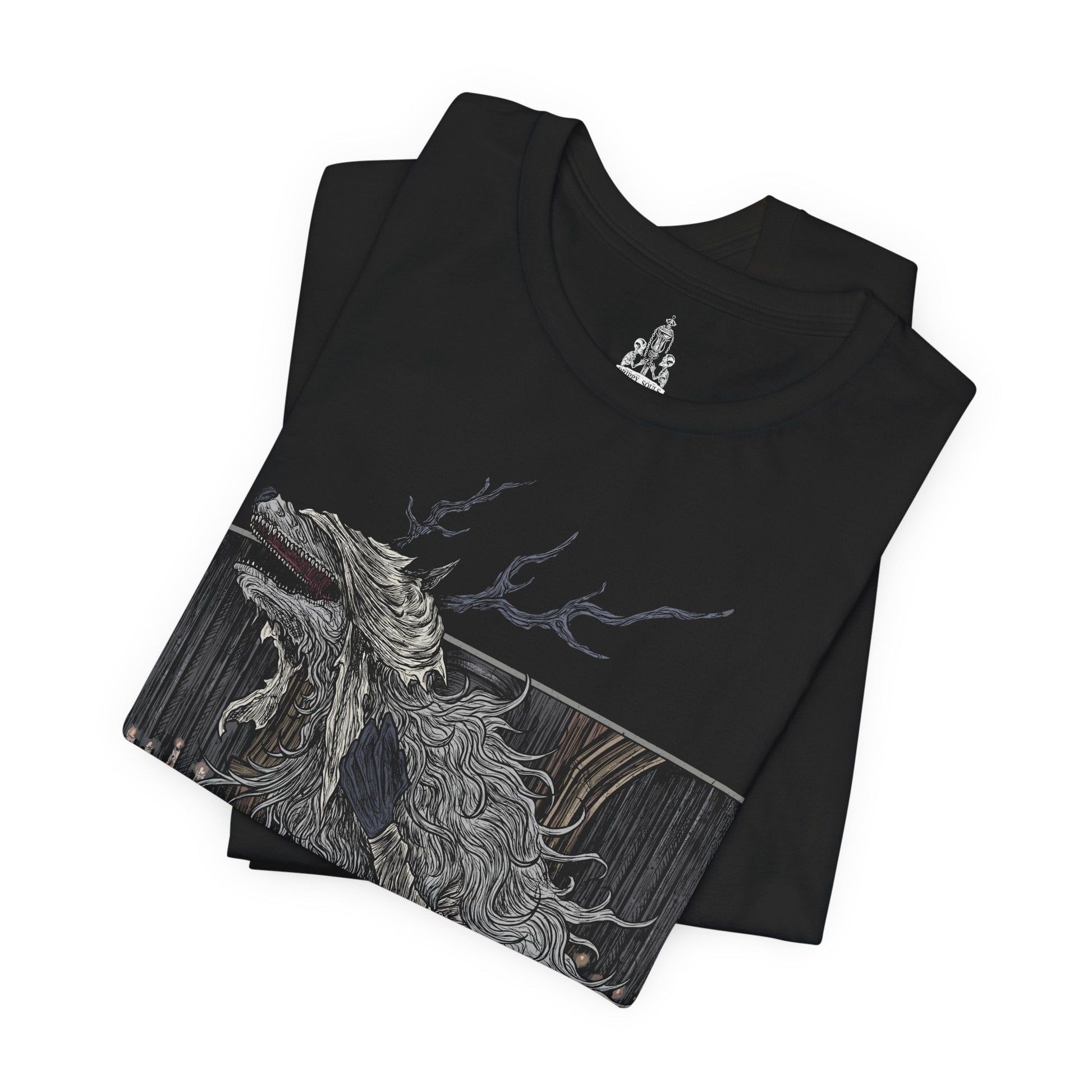Image 5 of a T-shirt featuring Vicar Amelia from Bloodborne, the once-devout leader of the Healing Church transformed into a towering beast of fur and sinew. Clutching a sacred pendant in her grotesque paws, Amelia symbolizes the church’s descent into corruption. This design captures her dramatic shift from cleric to monster, framed in gothic horror and divine tragedy under the pale moonlight.