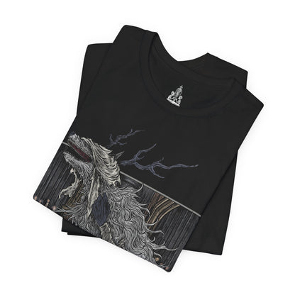 Image 5 of a T-shirt featuring Vicar Amelia from Bloodborne, the once-devout leader of the Healing Church transformed into a towering beast of fur and sinew. Clutching a sacred pendant in her grotesque paws, Amelia symbolizes the church’s descent into corruption. This design captures her dramatic shift from cleric to monster, framed in gothic horror and divine tragedy under the pale moonlight.