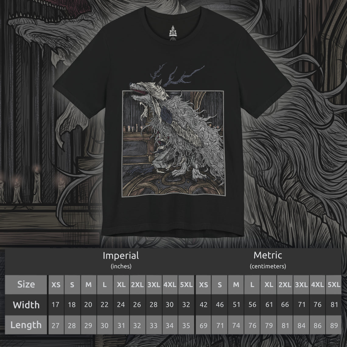 Size chart of a T-shirt featuring Vicar Amelia from Bloodborne, the once-devout leader of the Healing Church transformed into a towering beast of fur and sinew. Clutching a sacred pendant in her grotesque paws, Amelia symbolizes the church’s descent into corruption. This design captures her dramatic shift from cleric to monster, framed in gothic horror and divine tragedy under the pale moonlight.
