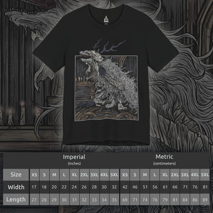 Size chart of a T-shirt featuring Vicar Amelia from Bloodborne, the once-devout leader of the Healing Church transformed into a towering beast of fur and sinew. Clutching a sacred pendant in her grotesque paws, Amelia symbolizes the church’s descent into corruption. This design captures her dramatic shift from cleric to monster, framed in gothic horror and divine tragedy under the pale moonlight.