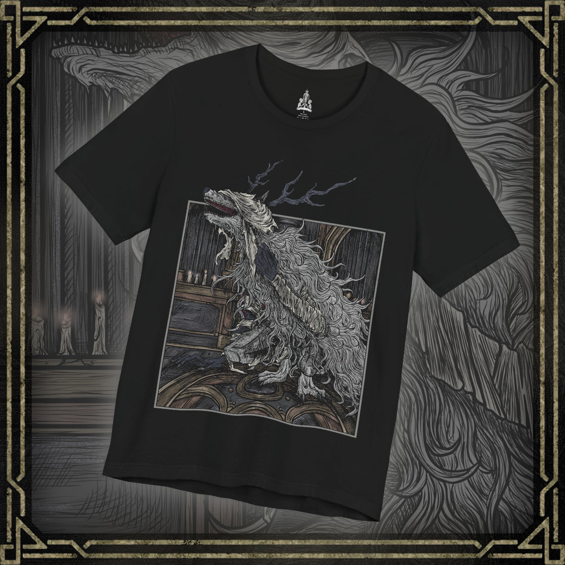 Thumbnail of a T-shirt featuring Vicar Amelia from Bloodborne, the once-devout leader of the Healing Church transformed into a towering beast of fur and sinew. Clutching a sacred pendant in her grotesque paws, Amelia symbolizes the church’s descent into corruption. This design captures her dramatic shift from cleric to monster, framed in gothic horror and divine tragedy under the pale moonlight.