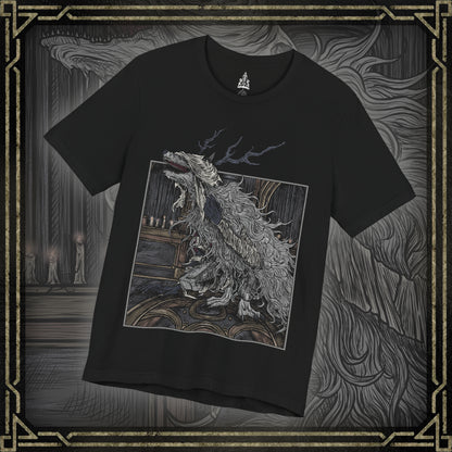 Thumbnail of a T-shirt featuring Vicar Amelia from Bloodborne, the once-devout leader of the Healing Church transformed into a towering beast of fur and sinew. Clutching a sacred pendant in her grotesque paws, Amelia symbolizes the church’s descent into corruption. This design captures her dramatic shift from cleric to monster, framed in gothic horror and divine tragedy under the pale moonlight.