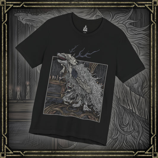 Thumbnail of a T-shirt featuring Vicar Amelia from Bloodborne, the once-devout leader of the Healing Church transformed into a towering beast of fur and sinew. Clutching a sacred pendant in her grotesque paws, Amelia symbolizes the church’s descent into corruption. This design captures her dramatic shift from cleric to monster, framed in gothic horror and divine tragedy under the pale moonlight.