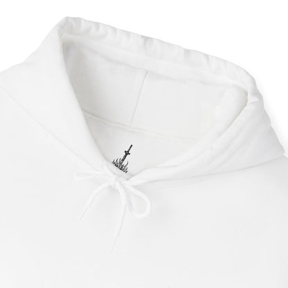 Folded Embroidered white hooded sweatshirt featuring the Warrior of Sunlight emblem from Dark Souls, celebrating Solaire’s iconic covenant with a sleek and stylish design, perfect for fans who praise the sun and seek comfort in their gaming apparel.