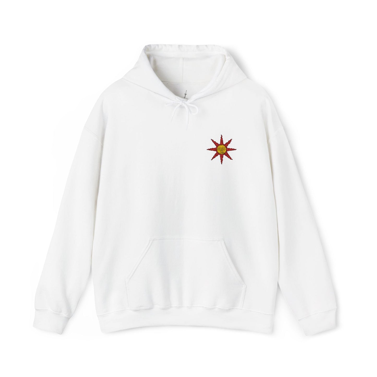 Size chart of a Embroidered white hooded sweatshirt featuring the Warrior of Sunlight emblem from Dark Souls, celebrating Solaire’s iconic covenant with a sleek and stylish design, perfect for fans who praise the sun and seek comfort in their gaming apparel.