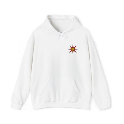 Size chart of a Embroidered white hooded sweatshirt featuring the Warrior of Sunlight emblem from Dark Souls, celebrating Solaire’s iconic covenant with a sleek and stylish design, perfect for fans who praise the sun and seek comfort in their gaming apparel.