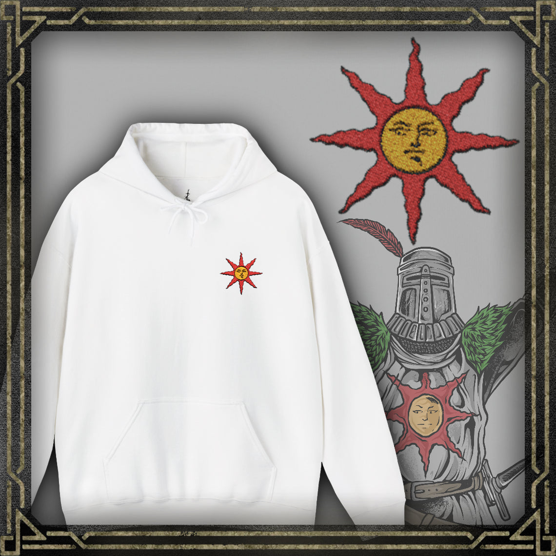 Thumbnail of a Embroidered white hooded sweatshirt featuring the Warrior of Sunlight emblem from Dark Souls, celebrating Solaire’s iconic covenant with a sleek and stylish design, perfect for fans who praise the sun and seek comfort in their gaming apparel.