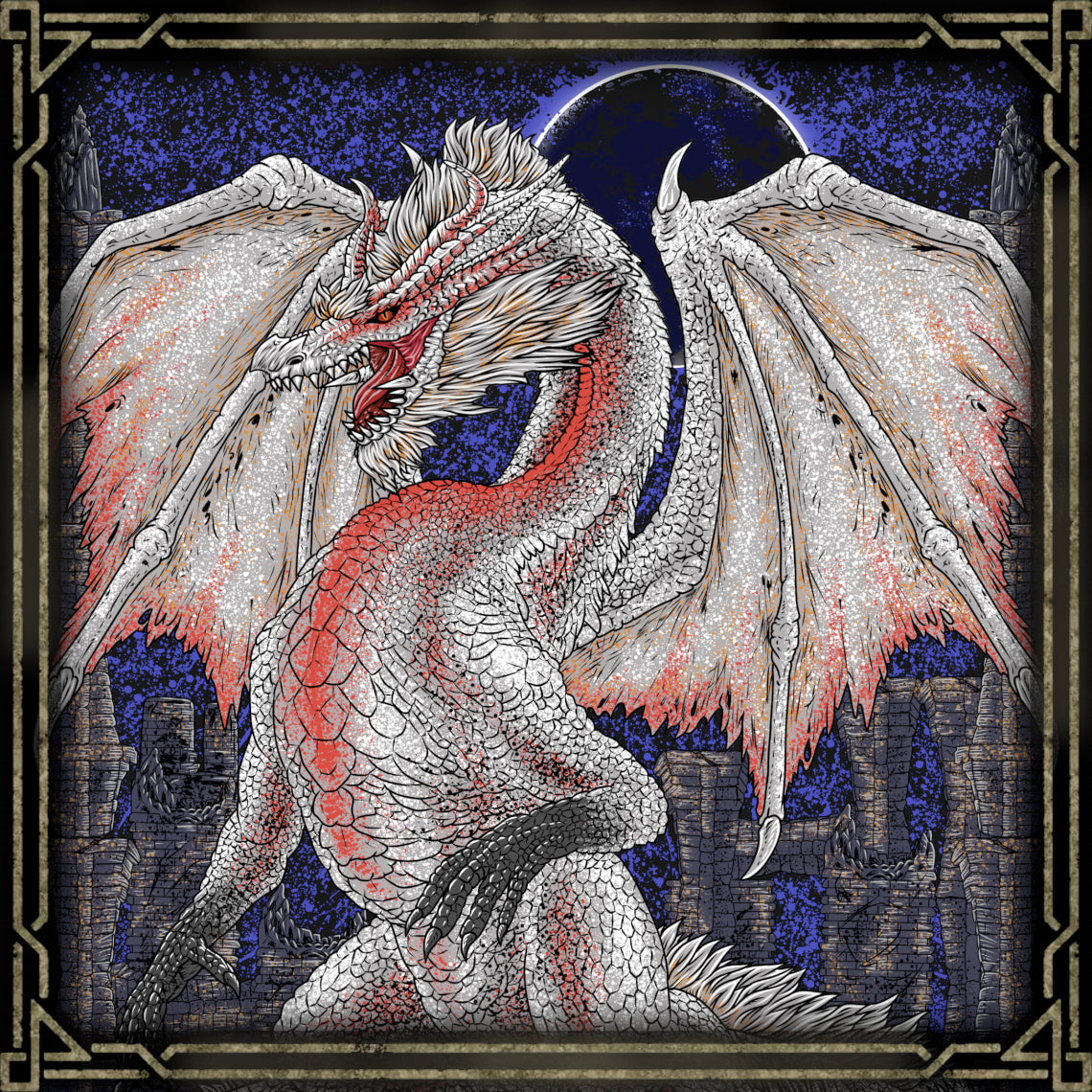 Concept Art of White Fatalis. White Fatalis stands at the pinnacle of Elder Dragon mythology within the Monster Hunter universe. Emerging from darkened skies with crackling red thunder, it embodies fear, destruction, and forgotten history. Hunters regard White Fatalis not merely as a monster, but as an apocalyptic force beyond mortal understanding.