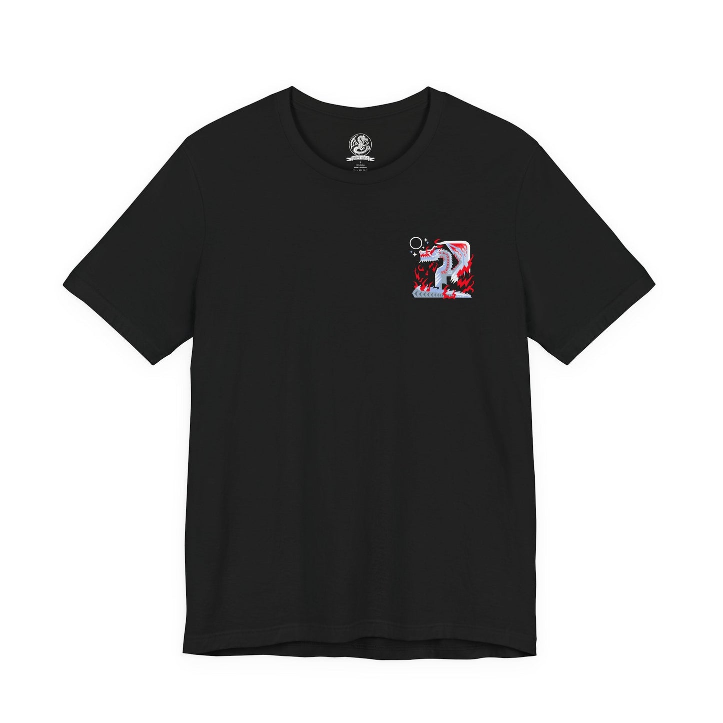 Image 4 of a T-Shirt artwork depicting White Fatalis coiled atop a crumbling fortress during a violent thunderstorm, arcs of red lightning surging across its pale scales and massive horns. The sky burns with unnatural energy as the dragon stares down the world below. This design reflects the creature’s mythical status, overwhelming dominance, and the catastrophic force tied to its appearance.