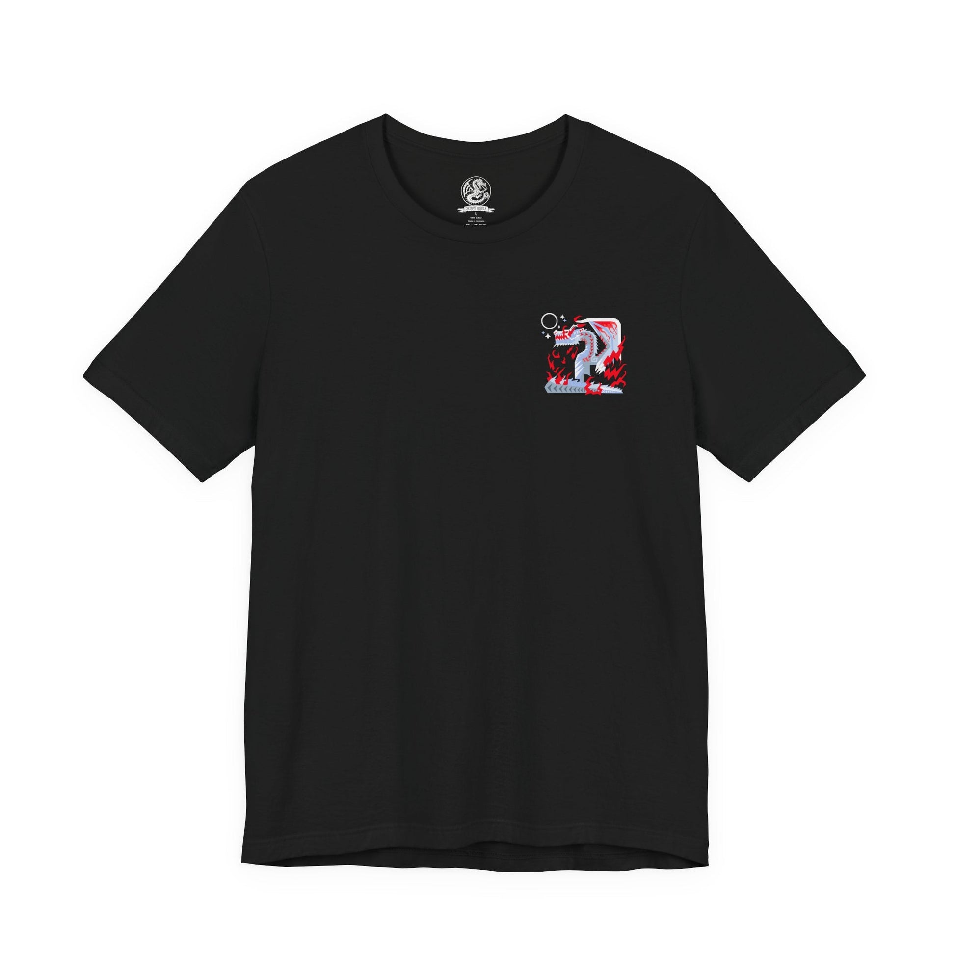 Image 4 of a T-Shirt artwork depicting White Fatalis coiled atop a crumbling fortress during a violent thunderstorm, arcs of red lightning surging across its pale scales and massive horns. The sky burns with unnatural energy as the dragon stares down the world below. This design reflects the creature’s mythical status, overwhelming dominance, and the catastrophic force tied to its appearance.