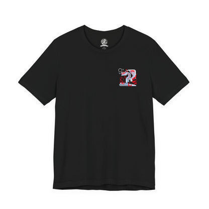 Image 4 of a T-Shirt artwork depicting White Fatalis coiled atop a crumbling fortress during a violent thunderstorm, arcs of red lightning surging across its pale scales and massive horns. The sky burns with unnatural energy as the dragon stares down the world below. This design reflects the creature’s mythical status, overwhelming dominance, and the catastrophic force tied to its appearance.