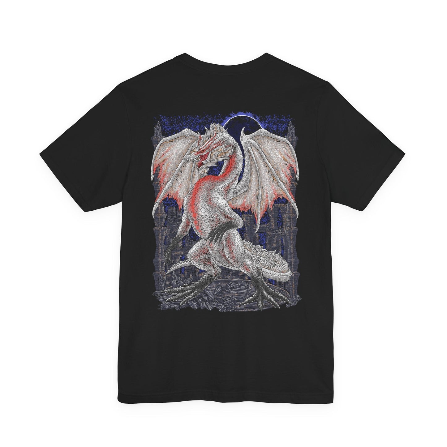 Image 5 of a T-Shirt artwork depicting White Fatalis coiled atop a crumbling fortress during a violent thunderstorm, arcs of red lightning surging across its pale scales and massive horns. The sky burns with unnatural energy as the dragon stares down the world below. This design reflects the creature’s mythical status, overwhelming dominance, and the catastrophic force tied to its appearance.