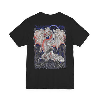 Image 5 of a T-Shirt artwork depicting White Fatalis coiled atop a crumbling fortress during a violent thunderstorm, arcs of red lightning surging across its pale scales and massive horns. The sky burns with unnatural energy as the dragon stares down the world below. This design reflects the creature’s mythical status, overwhelming dominance, and the catastrophic force tied to its appearance.
