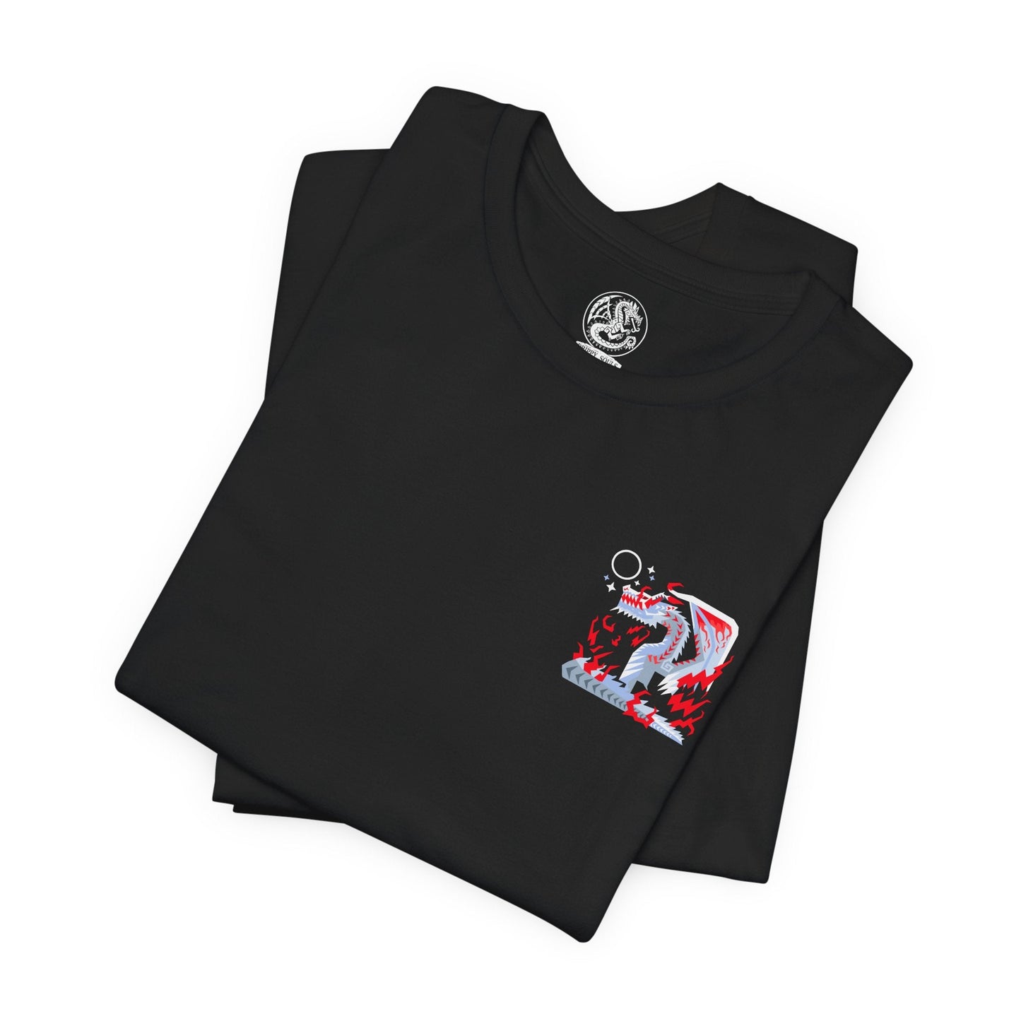 Image 6 of a T-Shirt artwork depicting White Fatalis coiled atop a crumbling fortress during a violent thunderstorm, arcs of red lightning surging across its pale scales and massive horns. The sky burns with unnatural energy as the dragon stares down the world below. This design reflects the creature’s mythical status, overwhelming dominance, and the catastrophic force tied to its appearance.