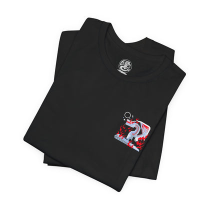 Image 6 of a T-Shirt artwork depicting White Fatalis coiled atop a crumbling fortress during a violent thunderstorm, arcs of red lightning surging across its pale scales and massive horns. The sky burns with unnatural energy as the dragon stares down the world below. This design reflects the creature’s mythical status, overwhelming dominance, and the catastrophic force tied to its appearance.