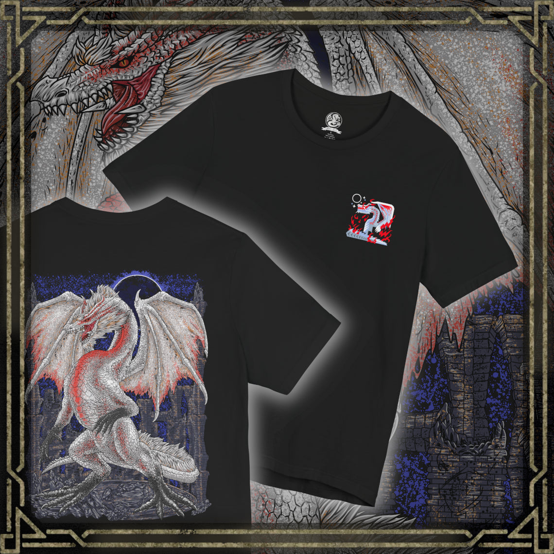 Thumbnail of a T-Shirt artwork depicting White Fatalis coiled atop a crumbling fortress during a violent thunderstorm, arcs of red lightning surging across its pale scales and massive horns. The sky burns with unnatural energy as the dragon stares down the world below. This design reflects the creature’s mythical status, overwhelming dominance, and the catastrophic force tied to its appearance.