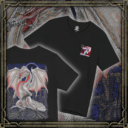 Thumbnail of a T-Shirt artwork depicting White Fatalis coiled atop a crumbling fortress during a violent thunderstorm, arcs of red lightning surging across its pale scales and massive horns. The sky burns with unnatural energy as the dragon stares down the world below. This design reflects the creature’s mythical status, overwhelming dominance, and the catastrophic force tied to its appearance.