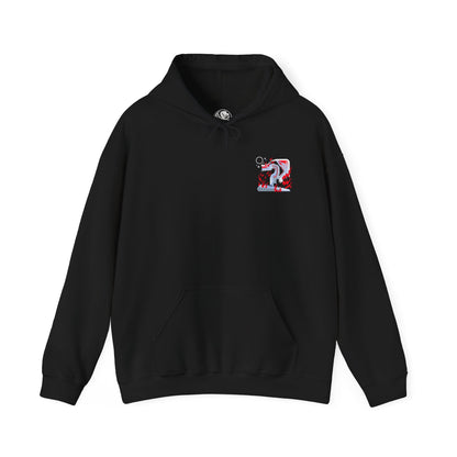 Image 4 of a Hooded Sweatshirt of White Fatalis emerging from dark storm clouds, its serpentine body illuminated by crimson thunder while ancient ruins collapse beneath it. Its white scales glow against the chaos of the sky, creating an image of divine terror and unstoppable destruction. The composition emphasizes legendary power, fear, and the near-apocalyptic aura surrounding one of Monster Hunter’s most feared Elder Dragons.