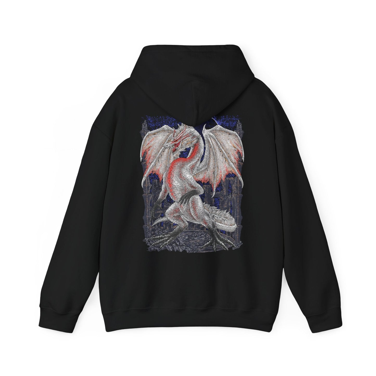 Image 5 of a Hooded Sweatshirt of White Fatalis emerging from dark storm clouds, its serpentine body illuminated by crimson thunder while ancient ruins collapse beneath it. Its white scales glow against the chaos of the sky, creating an image of divine terror and unstoppable destruction. The composition emphasizes legendary power, fear, and the near-apocalyptic aura surrounding one of Monster Hunter’s most feared Elder Dragons.
