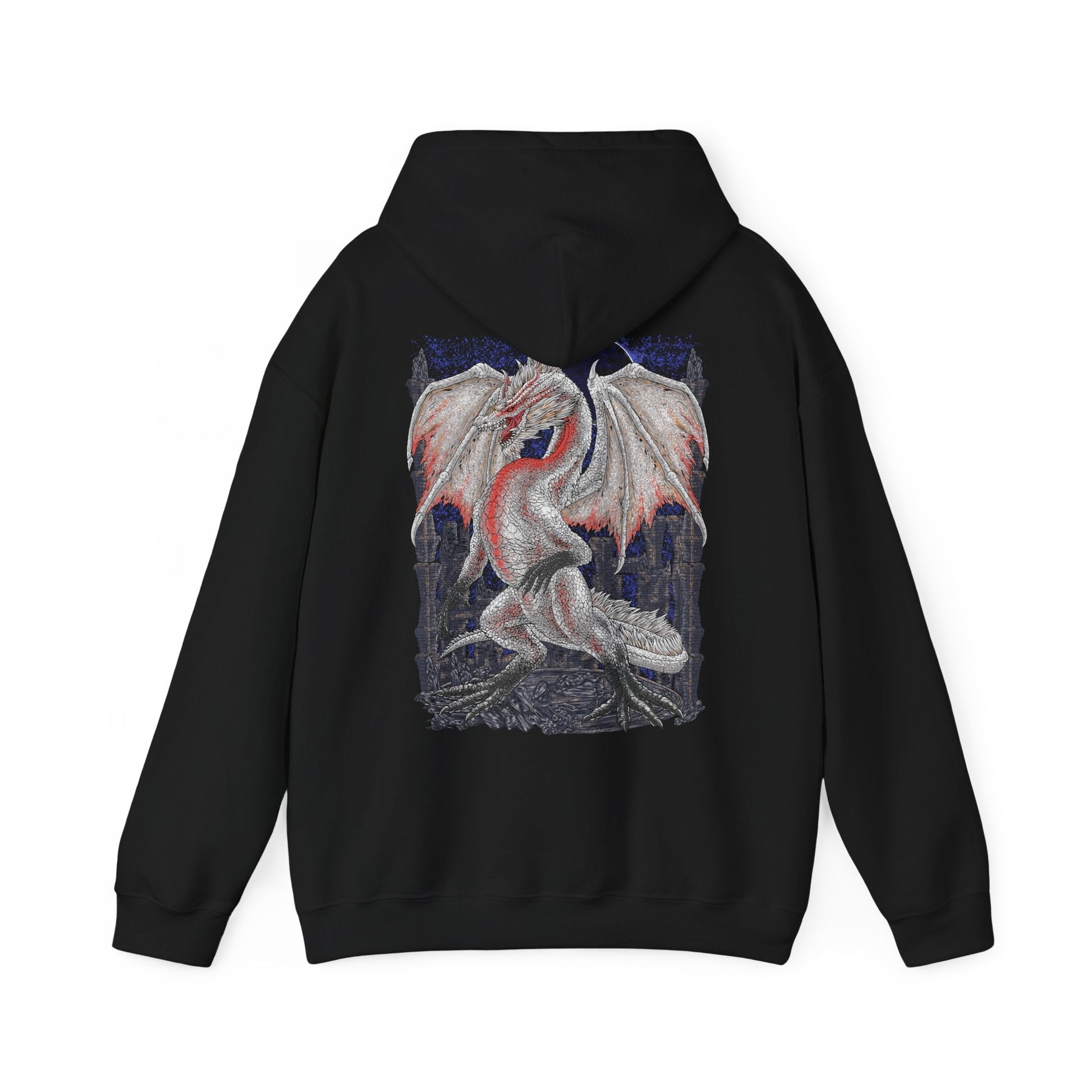 Image 5 of a Hooded Sweatshirt of White Fatalis emerging from dark storm clouds, its serpentine body illuminated by crimson thunder while ancient ruins collapse beneath it. Its white scales glow against the chaos of the sky, creating an image of divine terror and unstoppable destruction. The composition emphasizes legendary power, fear, and the near-apocalyptic aura surrounding one of Monster Hunter’s most feared Elder Dragons.