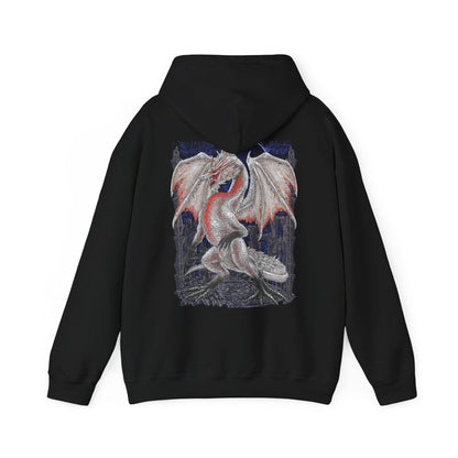 Image 5 of a Hooded Sweatshirt of White Fatalis emerging from dark storm clouds, its serpentine body illuminated by crimson thunder while ancient ruins collapse beneath it. Its white scales glow against the chaos of the sky, creating an image of divine terror and unstoppable destruction. The composition emphasizes legendary power, fear, and the near-apocalyptic aura surrounding one of Monster Hunter’s most feared Elder Dragons.