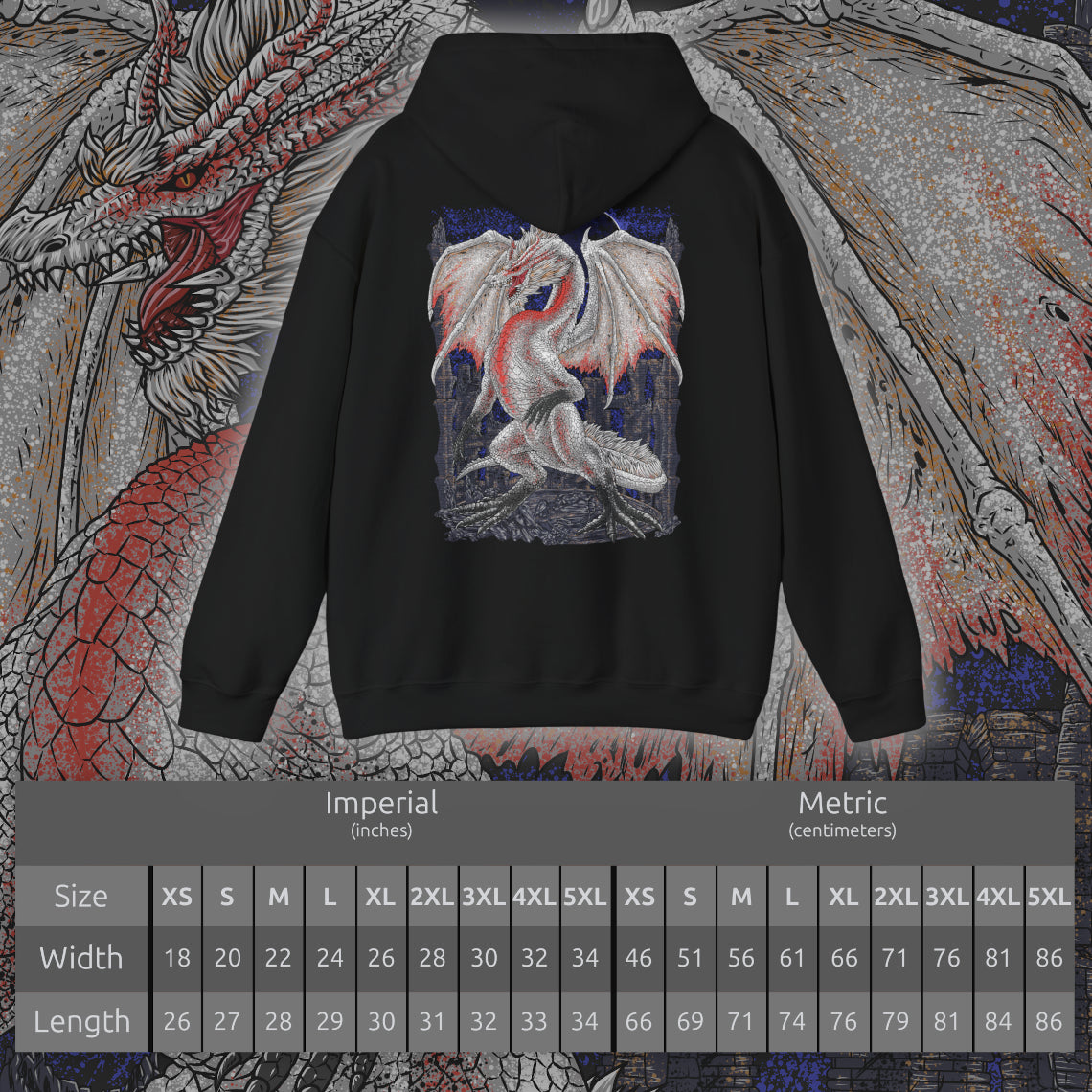 Size chart of a Hooded Sweatshirt of White Fatalis emerging from dark storm clouds, its serpentine body illuminated by crimson thunder while ancient ruins collapse beneath it. Its white scales glow against the chaos of the sky, creating an image of divine terror and unstoppable destruction. The composition emphasizes legendary power, fear, and the near-apocalyptic aura surrounding one of Monster Hunter’s most feared Elder Dragons.