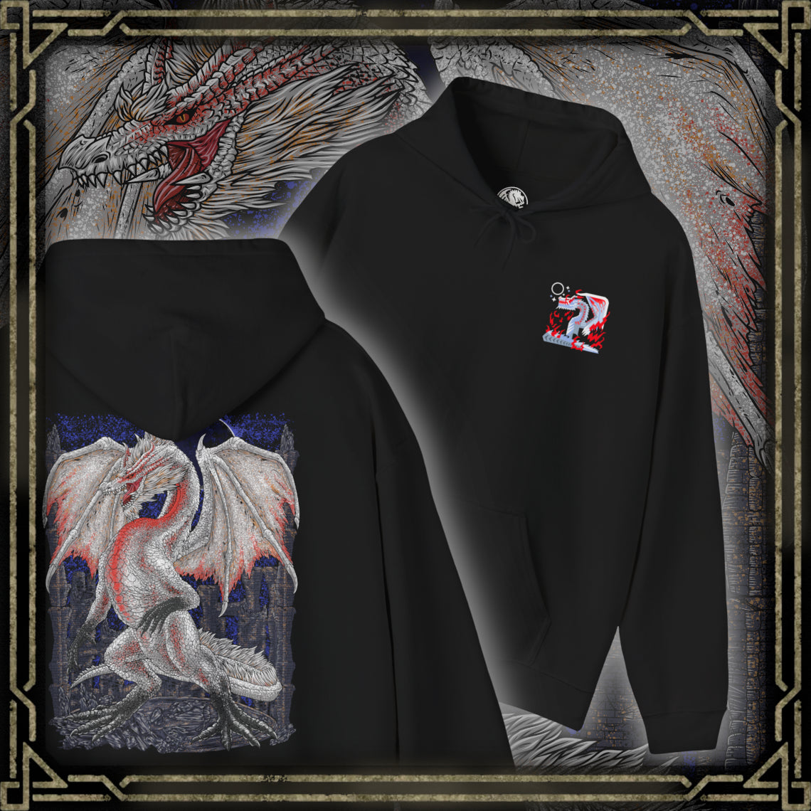 Thumbnail of a Hooded Sweatshirt of White Fatalis emerging from dark storm clouds, its serpentine body illuminated by crimson thunder while ancient ruins collapse beneath it. Its white scales glow against the chaos of the sky, creating an image of divine terror and unstoppable destruction. The composition emphasizes legendary power, fear, and the near-apocalyptic aura surrounding one of Monster Hunter’s most feared Elder Dragons.