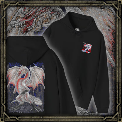Thumbnail of a Hooded Sweatshirt of White Fatalis emerging from dark storm clouds, its serpentine body illuminated by crimson thunder while ancient ruins collapse beneath it. Its white scales glow against the chaos of the sky, creating an image of divine terror and unstoppable destruction. The composition emphasizes legendary power, fear, and the near-apocalyptic aura surrounding one of Monster Hunter’s most feared Elder Dragons.
