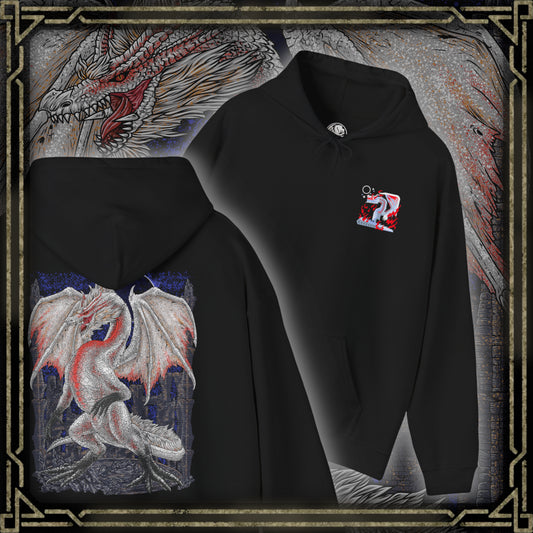 Thumbnail of a Hooded Sweatshirt of White Fatalis emerging from dark storm clouds, its serpentine body illuminated by crimson thunder while ancient ruins collapse beneath it. Its white scales glow against the chaos of the sky, creating an image of divine terror and unstoppable destruction. The composition emphasizes legendary power, fear, and the near-apocalyptic aura surrounding one of Monster Hunter’s most feared Elder Dragons.