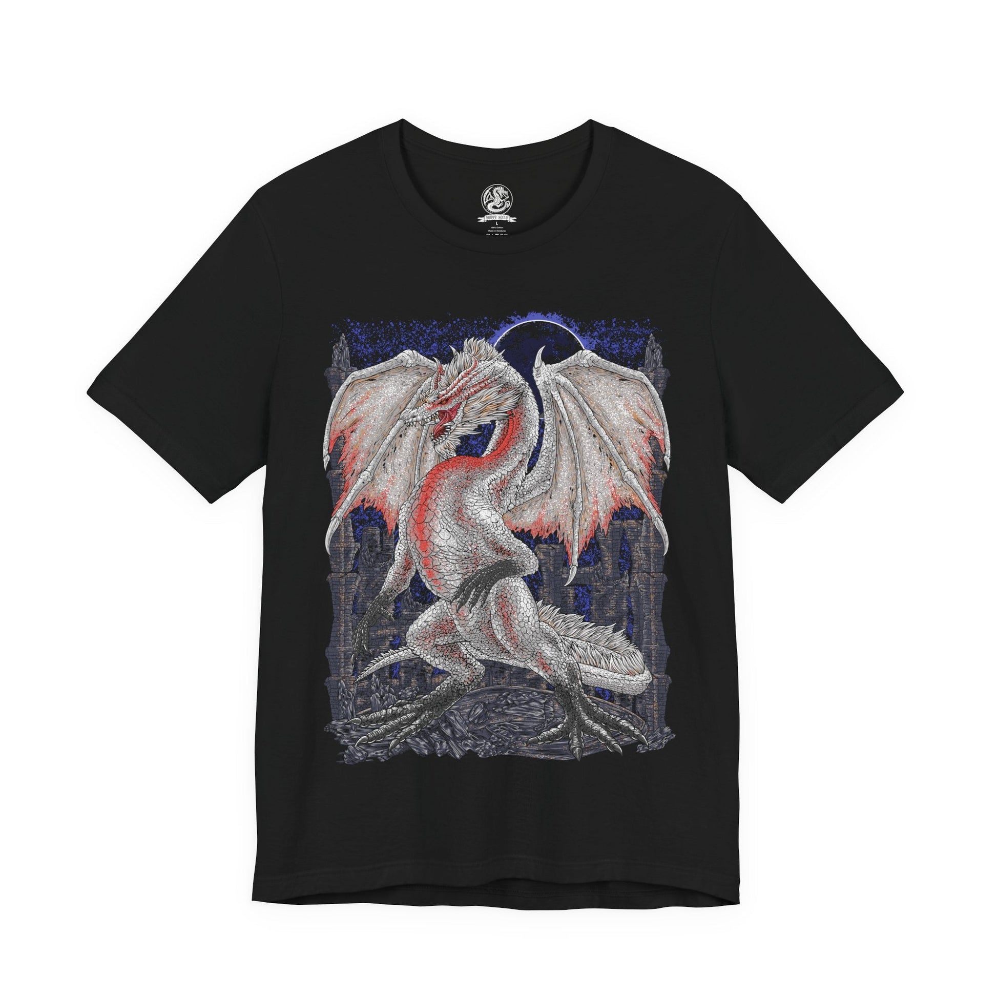 Image 4 of a T-Shirt design of White Fatalis from Monster Hunter, descending from a storm-filled sky as crimson lightning crashes around its ancient white-scaled body. Its glowing red eyes pierce through the darkness while massive wings spread above ruined castles and shattered towers. The design captures the godlike presence of the legendary Elder Dragon, embodying destruction, ancient wrath, and apocalyptic power.