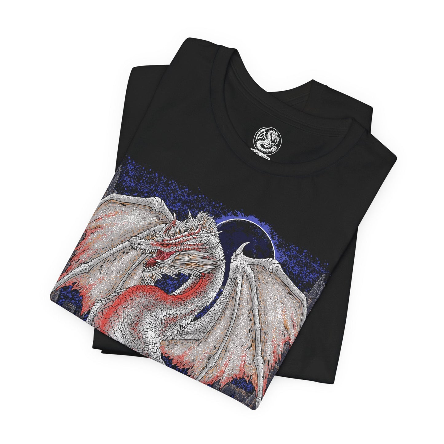 Image 5 of a T-Shirt design of White Fatalis from Monster Hunter, descending from a storm-filled sky as crimson lightning crashes around its ancient white-scaled body. Its glowing red eyes pierce through the darkness while massive wings spread above ruined castles and shattered towers. The design captures the godlike presence of the legendary Elder Dragon, embodying destruction, ancient wrath, and apocalyptic power.