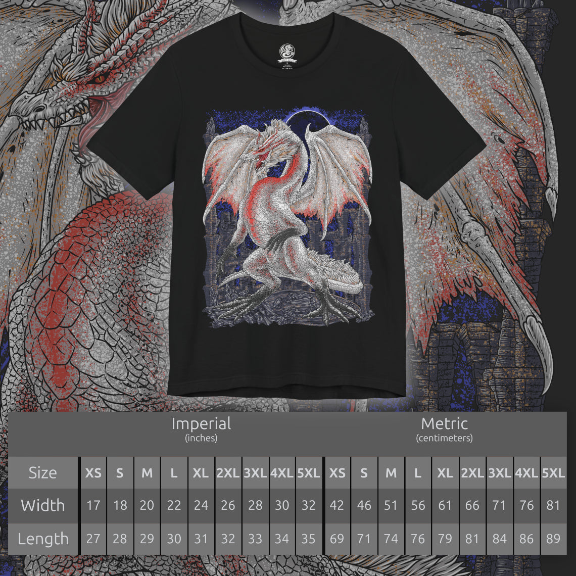 Size chart of a T-Shirt design of White Fatalis from Monster Hunter, descending from a storm-filled sky as crimson lightning crashes around its ancient white-scaled body. Its glowing red eyes pierce through the darkness while massive wings spread above ruined castles and shattered towers. The design captures the godlike presence of the legendary Elder Dragon, embodying destruction, ancient wrath, and apocalyptic power.