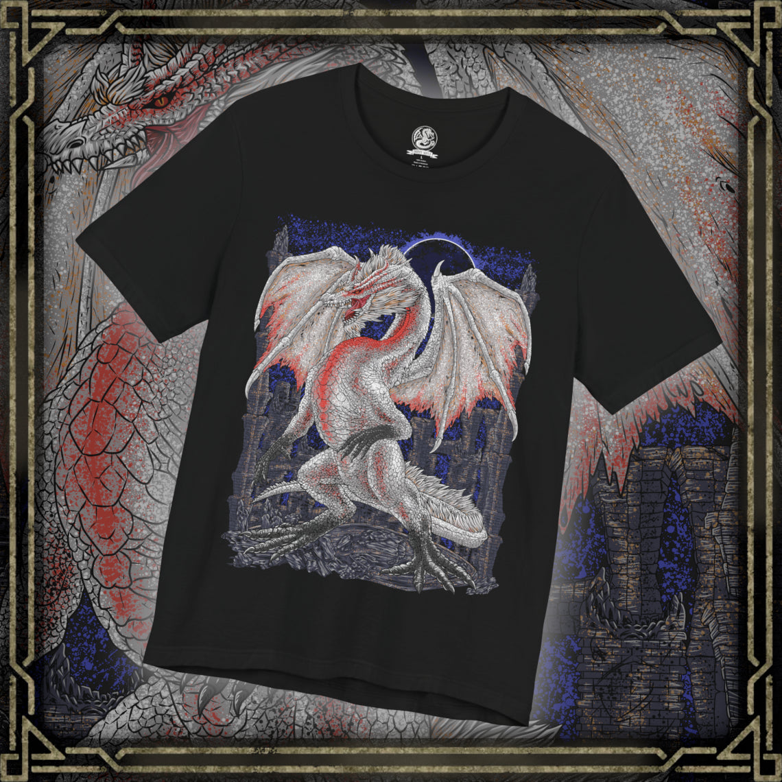 Thumbnail of a T-Shirt design of White Fatalis from Monster Hunter, descending from a storm-filled sky as crimson lightning crashes around its ancient white-scaled body. Its glowing red eyes pierce through the darkness while massive wings spread above ruined castles and shattered towers. The design captures the godlike presence of the legendary Elder Dragon, embodying destruction, ancient wrath, and apocalyptic power.