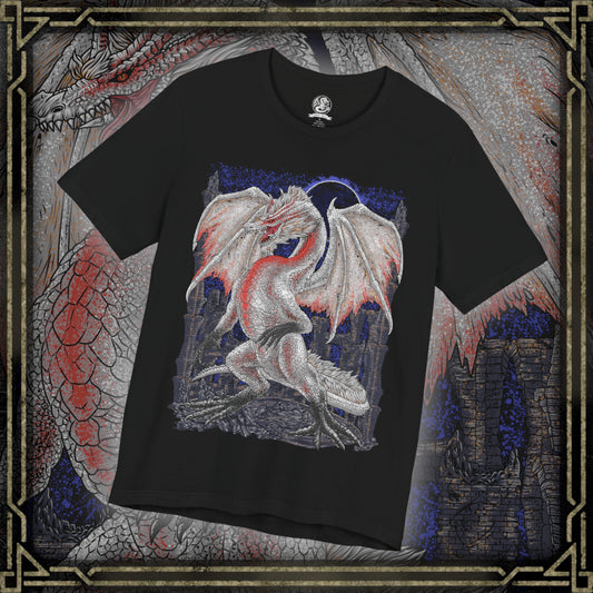 Thumbnail of a T-Shirt design of White Fatalis from Monster Hunter, descending from a storm-filled sky as crimson lightning crashes around its ancient white-scaled body. Its glowing red eyes pierce through the darkness while massive wings spread above ruined castles and shattered towers. The design captures the godlike presence of the legendary Elder Dragon, embodying destruction, ancient wrath, and apocalyptic power.