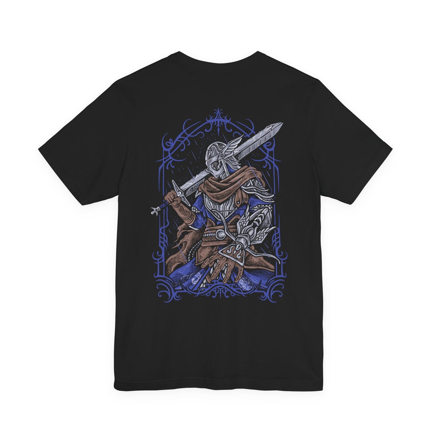 Image 5 of a T-shirt artwork depicting Wylder, one of the Nightfarers of the Roundtable Hold, advancing through a battlefield shrouded in shadow. Torn banners and fallen warriors surround him as eldritch creatures summoned by the Nightlord creep through the fog. This design reflects the desperate resistance of those chosen to confront the growing dominion of night.