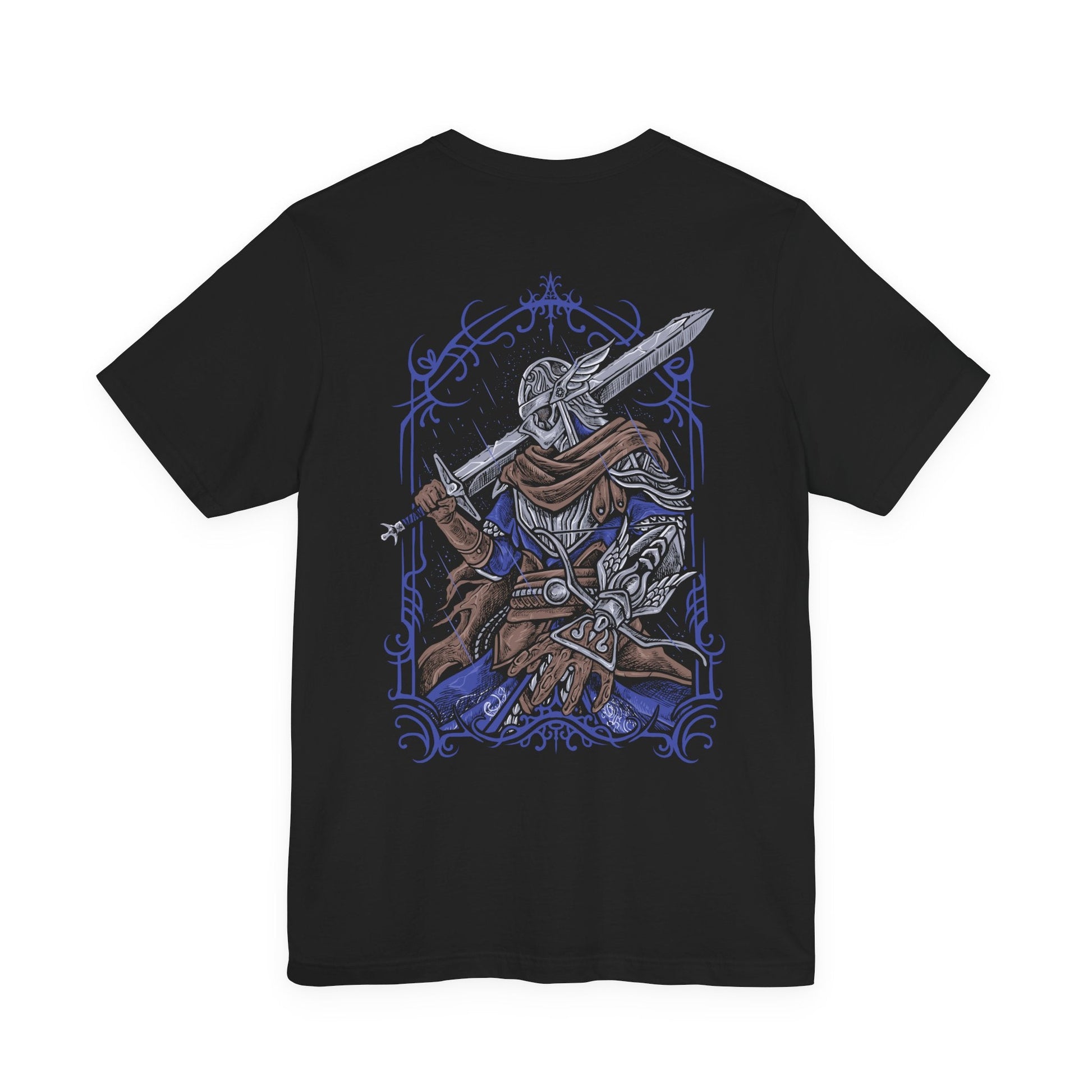 Image 5 of a T-shirt artwork depicting Wylder, one of the Nightfarers of the Roundtable Hold, advancing through a battlefield shrouded in shadow. Torn banners and fallen warriors surround him as eldritch creatures summoned by the Nightlord creep through the fog. This design reflects the desperate resistance of those chosen to confront the growing dominion of night.