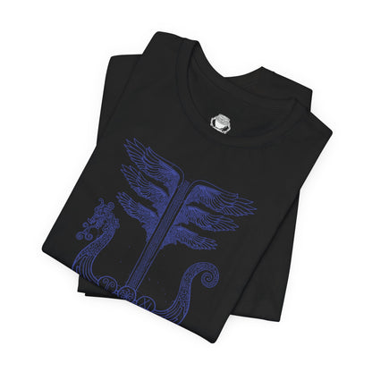 Folded T-shirt artwork depicting Wylder, one of the Nightfarers of the Roundtable Hold, advancing through a battlefield shrouded in shadow. Torn banners and fallen warriors surround him as eldritch creatures summoned by the Nightlord creep through the fog. This design reflects the desperate resistance of those chosen to confront the growing dominion of night.
