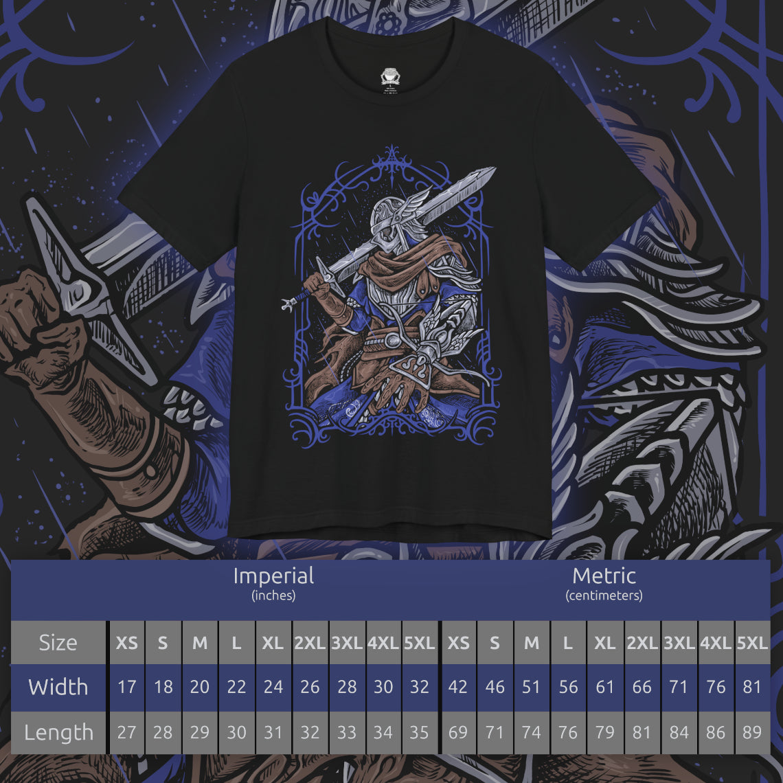 Size chart of a T-shirt artwork depicting Wylder, one of the Nightfarers of the Roundtable Hold, advancing through a battlefield shrouded in shadow. Torn banners and fallen warriors surround him as eldritch creatures summoned by the Nightlord creep through the fog. This design reflects the desperate resistance of those chosen to confront the growing dominion of night.