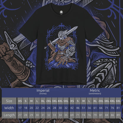 Size chart of a T-shirt artwork depicting Wylder, one of the Nightfarers of the Roundtable Hold, advancing through a battlefield shrouded in shadow. Torn banners and fallen warriors surround him as eldritch creatures summoned by the Nightlord creep through the fog. This design reflects the desperate resistance of those chosen to confront the growing dominion of night.
