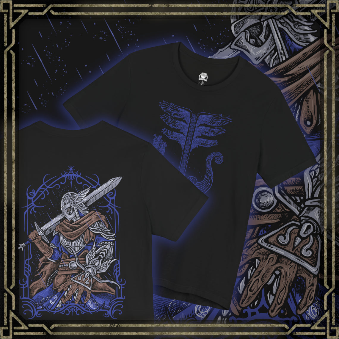 Thumbnail of a T-shirt artwork depicting Wylder, one of the Nightfarers of the Roundtable Hold, advancing through a battlefield shrouded in shadow. Torn banners and fallen warriors surround him as eldritch creatures summoned by the Nightlord creep through the fog. This design reflects the desperate resistance of those chosen to confront the growing dominion of night.