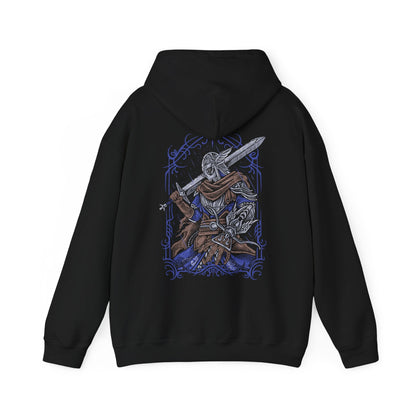 Image 5 of a Hooded Sweatshirt of Wylder from Elden Ring Nightreign standing before a petrified tree gateway as swirling darkness and cosmic energy distort the sky above Limveld. His weapon radiates defiant light against the monstrous forces of the Night’s Tide. The composition emphasizes determination, cursed destiny, and the struggle of Nightfarers fighting to reclaim the Lands Between from eternal darkness.