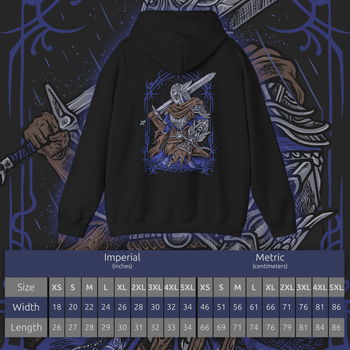 Size chart of a Hooded Sweatshirt of Wylder from Elden Ring Nightreign standing before a petrified tree gateway as swirling darkness and cosmic energy distort the sky above Limveld. His weapon radiates defiant light against the monstrous forces of the Night’s Tide. The composition emphasizes determination, cursed destiny, and the struggle of Nightfarers fighting to reclaim the Lands Between from eternal darkness.