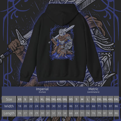 Size chart of a Hooded Sweatshirt of Wylder from Elden Ring Nightreign standing before a petrified tree gateway as swirling darkness and cosmic energy distort the sky above Limveld. His weapon radiates defiant light against the monstrous forces of the Night’s Tide. The composition emphasizes determination, cursed destiny, and the struggle of Nightfarers fighting to reclaim the Lands Between from eternal darkness.