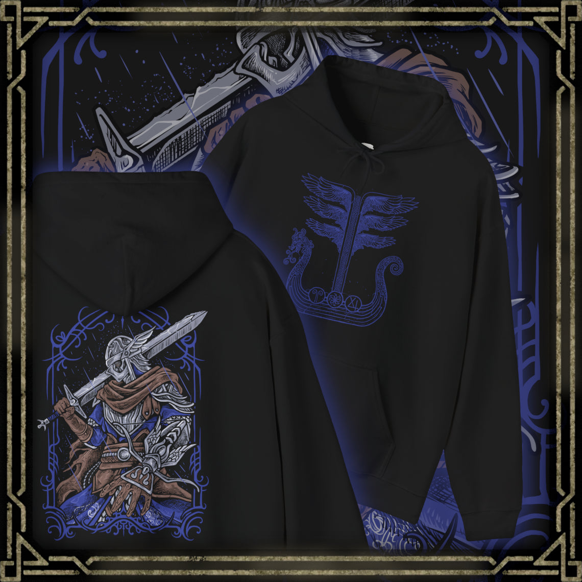 Thumbnail of a Hooded Sweatshirt of Wylder from Elden Ring Nightreign standing before a petrified tree gateway as swirling darkness and cosmic energy distort the sky above Limveld. His weapon radiates defiant light against the monstrous forces of the Night’s Tide. The composition emphasizes determination, cursed destiny, and the struggle of Nightfarers fighting to reclaim the Lands Between from eternal darkness.