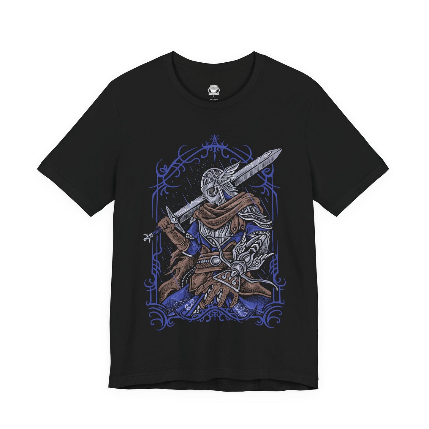 Image 4 of a T-shirt design of Wylder from Elden Ring Nightreign, a hardened Nightfarer warrior standing beneath a storm-dark sky as the Night’s Tide spreads across Limveld. His worn armor and rune-etched blade glow with faint spectral light while distant monsters emerge from the darkness. The design captures a lone champion rising against the Nightlord’s spreading corruption.